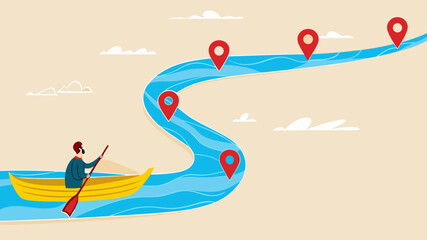 career path to success, the way to achieve goal, milestone or career path achievement, route or pathway to achieve goals, businessman riding a kayak towards achievement milestone to success