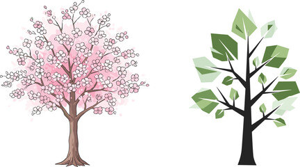 Obraz premium Cherry Blossom and Geometric Green Tree Illustration Representing Seasonal Nature Contrast, Abstract Botanical Art for Spring and Summer Design Themes