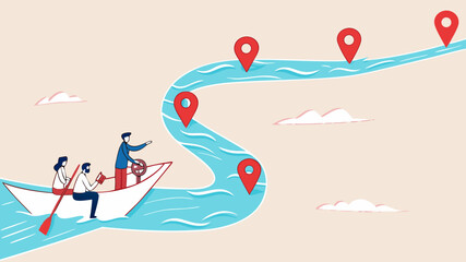 employee career roadmap to success, route or pathway to achieve goals, accomplishment, milestone or career path achievement, businessman with employee sail towards achievement milestone to success