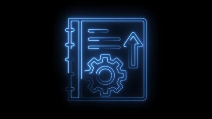 Neon blueprint technical manual with gear and arrow for engineering or business process