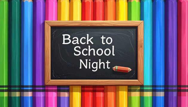 Blackboard with "Back to School Night" text framed by colorful pencils. Graphic elements evoking education and learning concepts