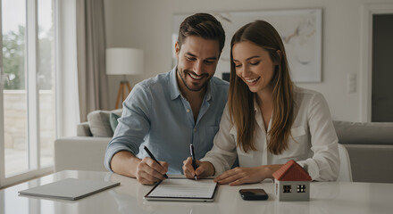 Excited young couple signing mortgage papers for their new home, celebrating the milestone with smiles in their bright, modern living room