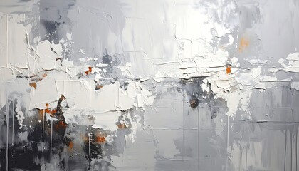 Abstract painting with layered, textured forms in grays and whites with hints of orange