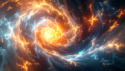 Abstract swirling vortex of fiery orange and icy blue energy.