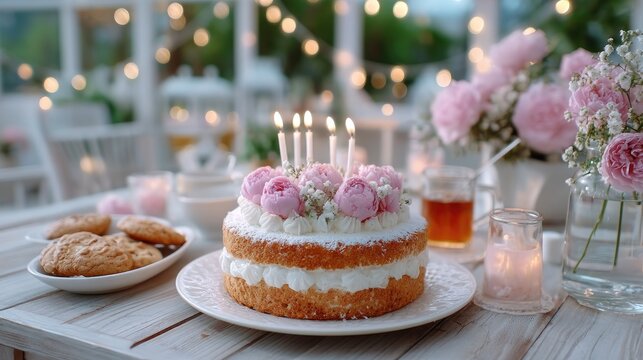 Birthday Cake with Pink Flowers and Candles on White Wooden Table in Bright Setting with Cookies and Tea Still Life
