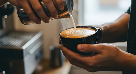 Close-up of a skilled barista's hands meticulously pouring steamed milk to create intricate latte art in a freshly brewed coffee, showcasing the delicate craft of beverage preparation in a warm cafe