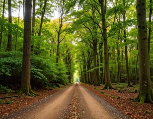 Serene forest path with tall trees, dappled sunlight, and fallen leaves covering the ground. Earthy tones and peaceful ambiance