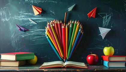 Colorful pencils in heart shape with flying paper airplanes, books and apples against a chalkboard background, embodying educational theme