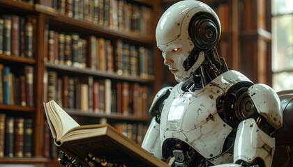 Fototapeta premium A sophisticated humanoid robot with glowing eyes intently reads an open book in a dimly lit library filled with bookshelves.