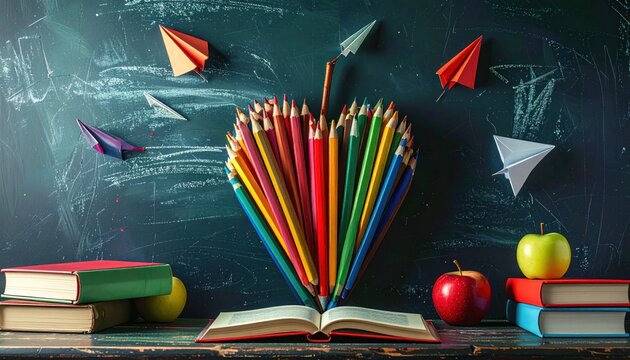 Colorful pencils in heart shape with flying paper airplanes, books and apples against a chalkboard background, embodying educational theme