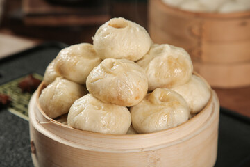 Traditional Chinese Xiaolongbao Soup Dumplings in Bamboo Steamer Basket Authentic Asian Dim Sum Cuisine