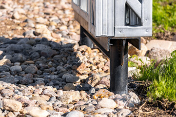Pile foundation. Pile support of an apartment building. Modern frame house on stilts. The foundation for the house.