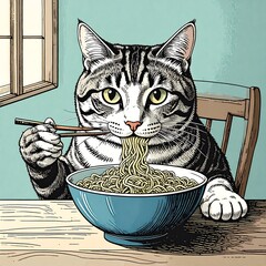 Tabby cat eating noodles