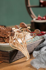 Dried Mushrooms with Long Stems on Rustic Wood Surface for Cooking and Soup Ingredients