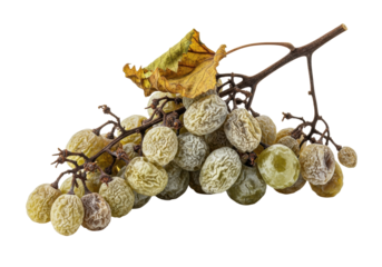 Macro shot of withered, desiccated pale green grapes with powdery bloom on dry stems and curling leaves, isolated on white copy space, melancholy concept of decay and transient beauty