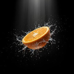 A perfectly sliced ​​orange hangs in the air with water droplets splashing around it