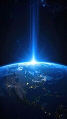 Illuminated Earth from space with a radiant blue glow emanating upwards into the starlit void, showing continents and cities on the surface