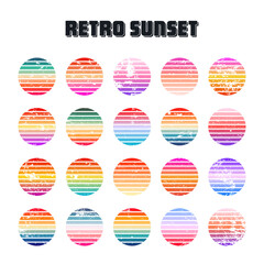 Grunge vintage colorful sunset. Striped gradient sunrise badges in 80s and 90s style. Sun and ocean view, summer vibes, surfing. Design element for print, logo or t-shirt. Vector illustration