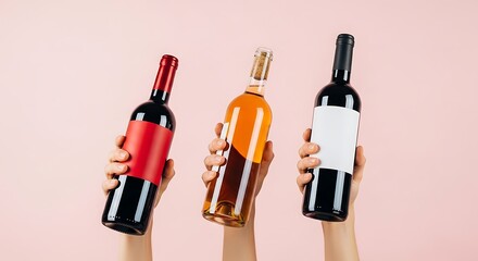Three hands holding wine bottles with colored labels