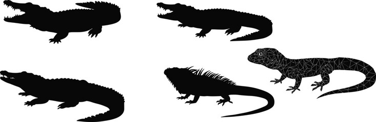 Silhouette reptiles collection, crocodile, alligator, iguana, gecko, lizard, wildlife illustration, animal shapes, black vector design, nature, zoology, biology