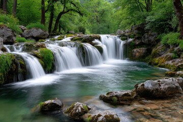 Waterfall cascades over mossy rocks in green forest