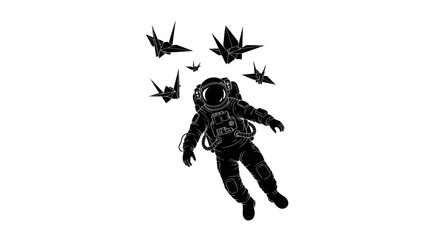 Astronaut's origami flight a monochrome digital drawing with freedom and artistry