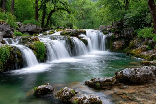 Waterfall cascades over mossy rocks in green forest