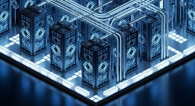 3D isometric futuristic server farm, glowing cool blue lights, clean design