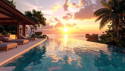 Obraz premium Luxury Tropical Pool Villa Sunset View.