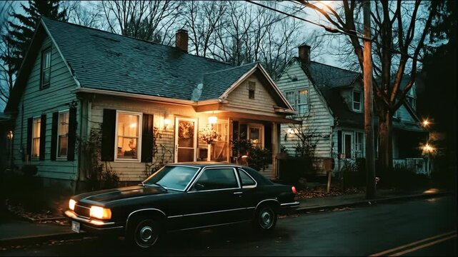 Vintage car parked in front of a cozy house at dusk, reflecting a melancholic 80s or 90s true crime aesthetic, footage.
