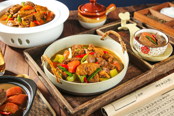 Country Style Drunken Goose Stew with Potatoes in Iron Skillet - Traditional Rustic Cuisine