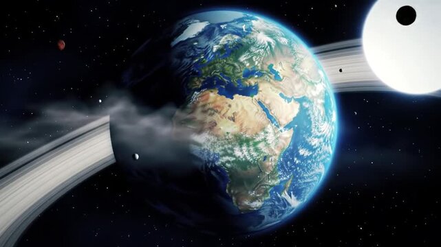 Detailed 3D animation of a hypothetical Earth-like planet with rings and a moon passing close