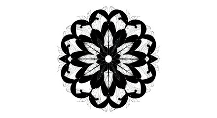 Elegant black and white floral mandala with intricate leaf and petal designs