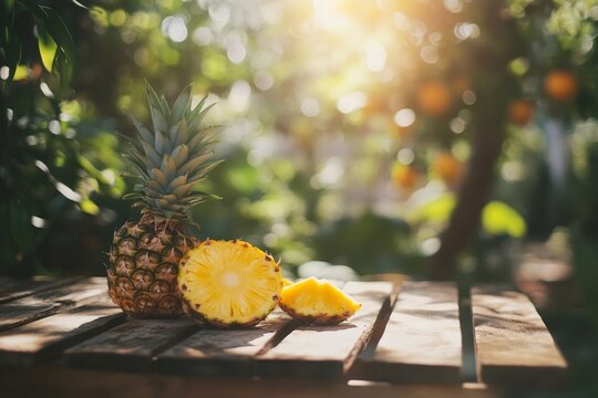 Juicy sliced pineapple rests on a rustic wooden table with sunny garden background, evoking freshness, summer, and tropical vibes