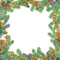 Hand drawn Christmas frame with green fir branches and Christmas decoration