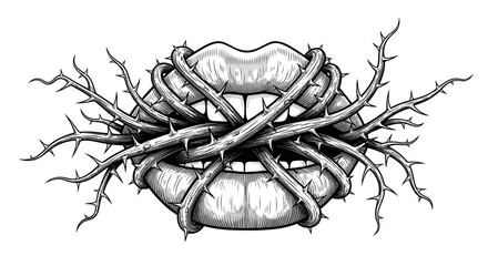 Illustrative mouth entwined with thorny vines conveying themes of constraint and suffering © wowo