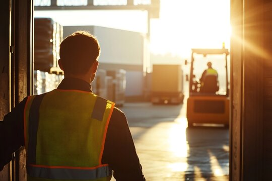 Logistics worker wearing a safety vest opening a warehouse door, overseeing freight operations and a forklift at a loading dock