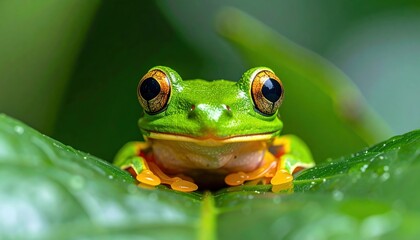 Bright green frog with large eyes, perched on a verdant leaf, in close-up with a blurred, lush green background
