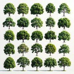 Fototapeta premium A grid of 24 trees shows variations in species with rounded canopies and detailed foliage against a bright, neutral background