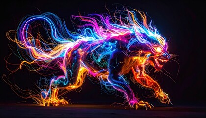 A luminous, spectral feline form streaks with vibrant neon blues, pinks, oranges against a shadowy backdrop, exuding fierce energy and motion