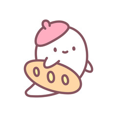 Happy ghost baker icon. Funny little spirit in a french beret holding a baguette. Doodle illustration isolated on white background. Kawaii halloween sticker. Vector 10 EPS.