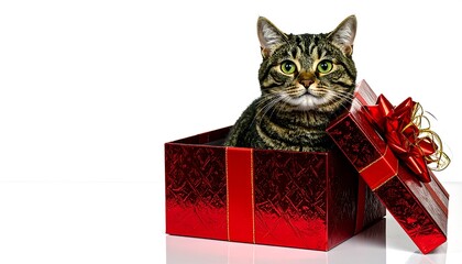 Tabby cat in a red gift box