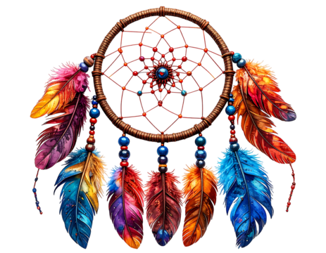 Vibrant, intricately woven dreamcatcher with multicolored feathers and beads, dark background.  Geometric web pattern in red, accented by dark brown ring