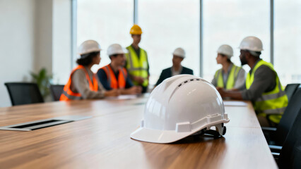 Hse, concept, safety, teamwork, meeting, construction, helmet HSE concept meeting with safety