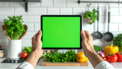Hands holding a tablet with a green screen in a kitchen setting surrounded by fresh vegetables.