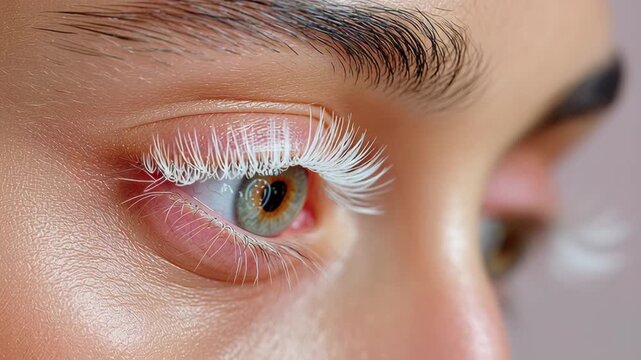 Close-up sequence of a person's eye showcasing unique white eyelashes and vibrant iris, capturing the gradual shift in focus and detail, emphasizing beauty and intricate features in a captivating moti