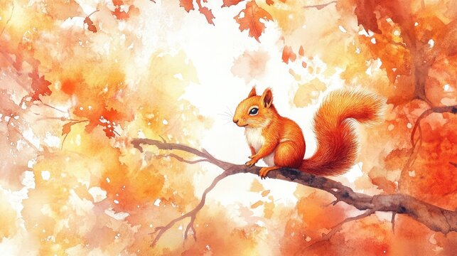 watercolor illustration featuring orange  sqirrel