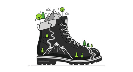 Vector illustration of hiking boot with a mountain landscape inside providing inspiration