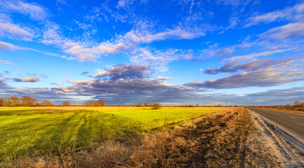 Obraz premium A field with a road running through it and a cloudy sky