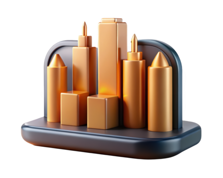 Abstract golden cityscape with modern geometric shapes metallic accent 3d illustration isolated on transparent background